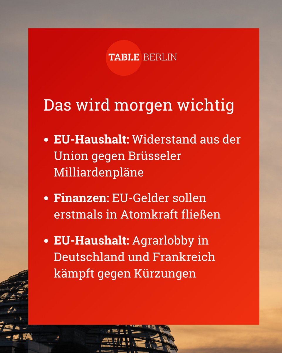 TableBriefings's tweet image. Die Themen des Tages, exklusiv im Berlin.Table!
Jetzt anmelden, heute Abend noch die aktuelle Ausgabe lesen 👉 table.media/berlin?utm_sou…