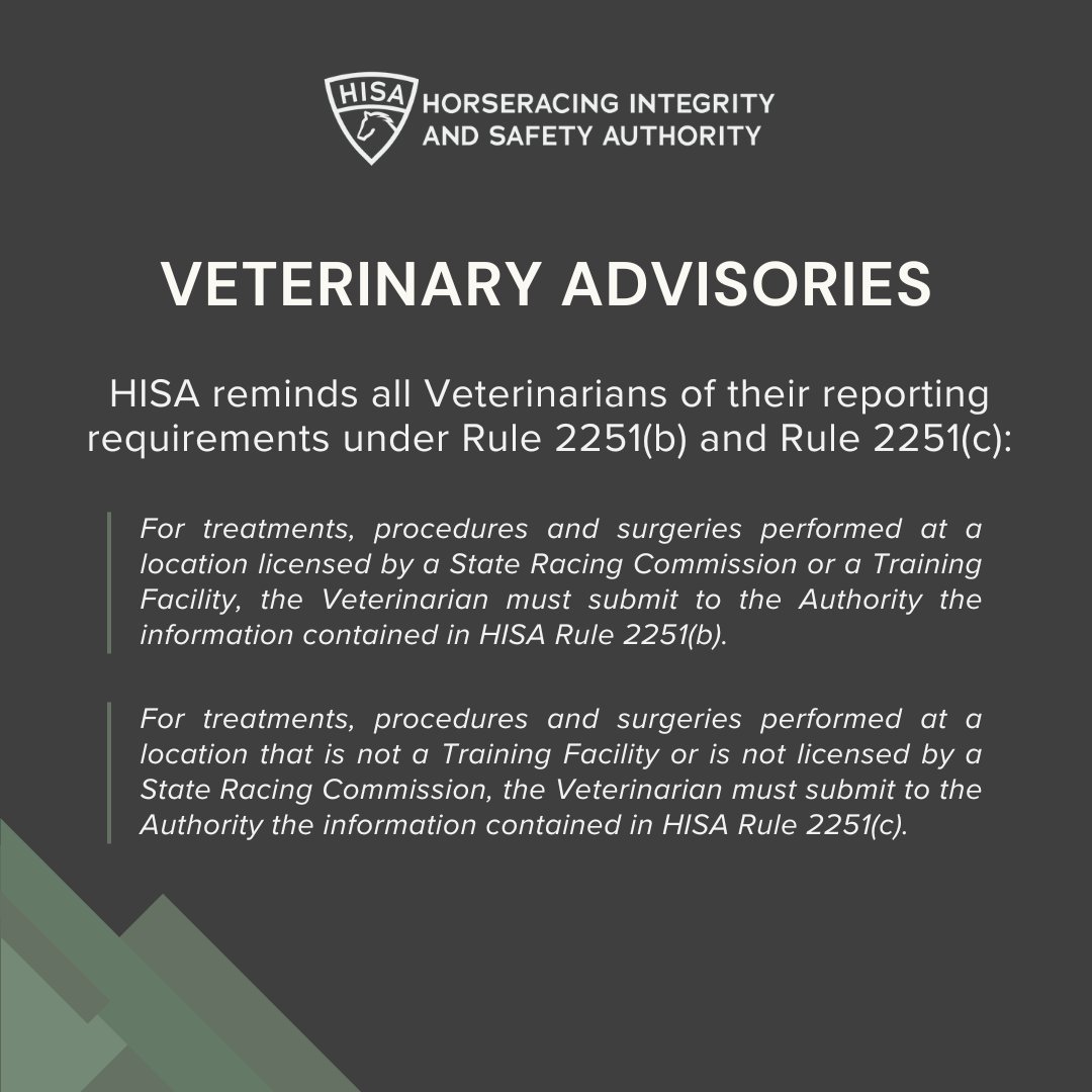 hisa_us's tweet image. HISA reminds all Veterinarians of their important reporting requirements under Rules 2251(b) and 2251(c). Report treatments via the HISA Portal, the MedEnt app or other HISA veterinary software.
Read the full advisories below. ⬇️
hisaus.org/news/veterinar…
hisaus.org/news/veterinar…