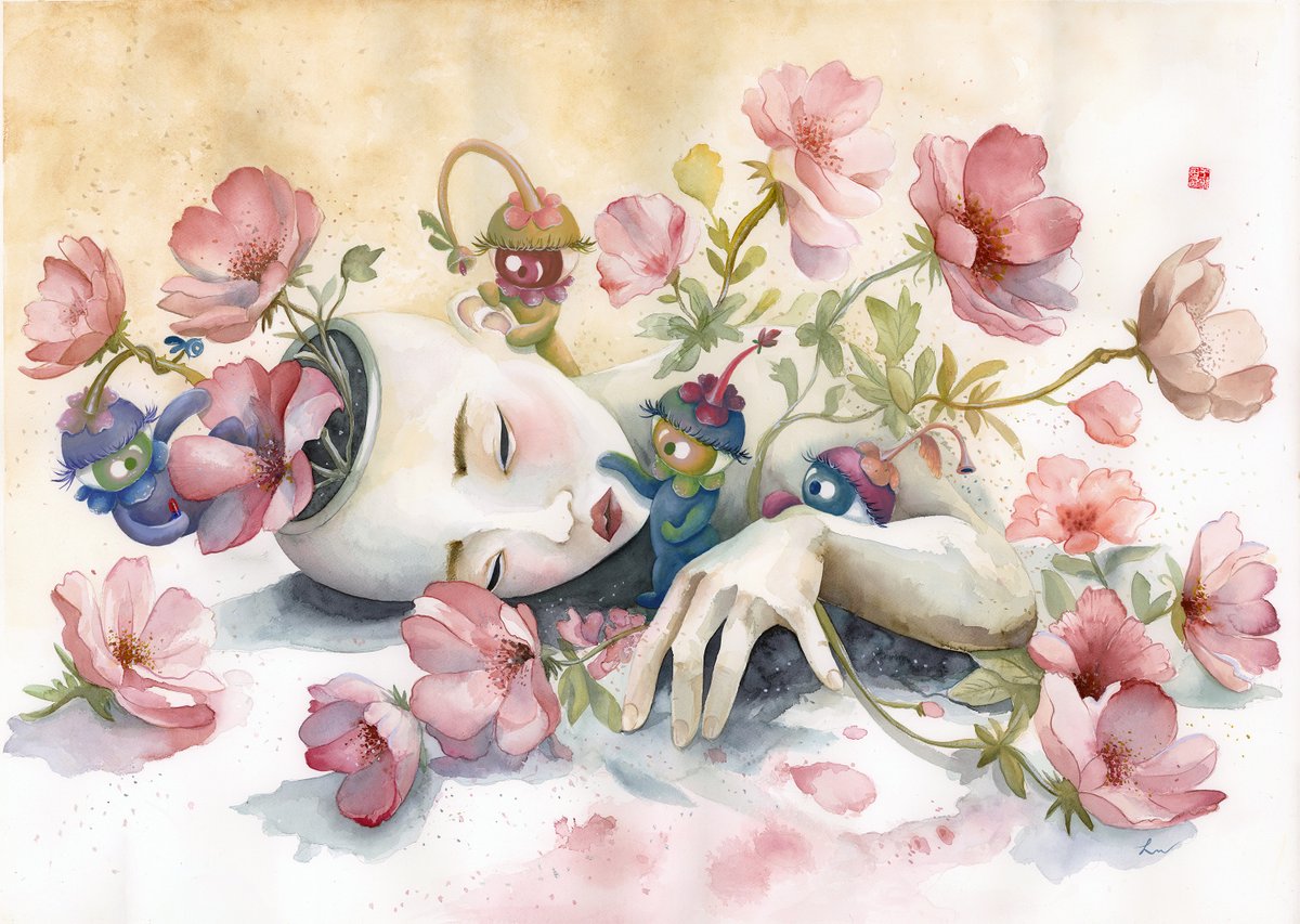 pinkyhootart's tweet image. My biggest watercolor to date is finally here! 🎉 Meet &quot;Shell of Self #5,&quot; one of the newest paintings in my series exploring the layers of &apos;self.&apos; 

This piece really dives into the Orbettes—my personified thoughts—showing how they poke and prod our inner &apos;shell,&apos; each with…