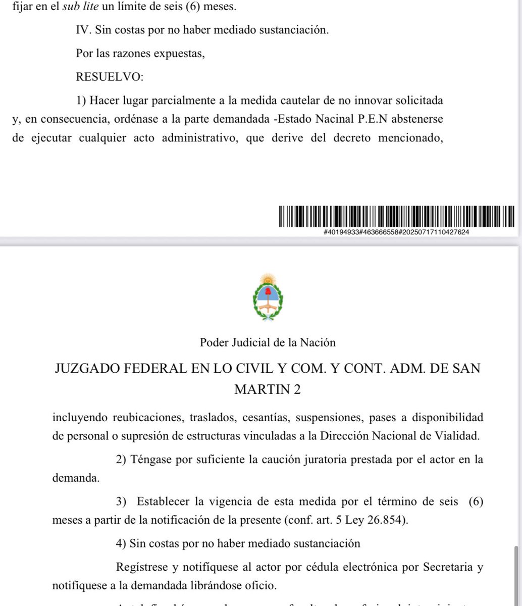 La justicia frenó el cierre de Vialidad Nacional. Chau decreto!
<a href="/JMilei/">Javier Milei</a> LTA.
Fin.