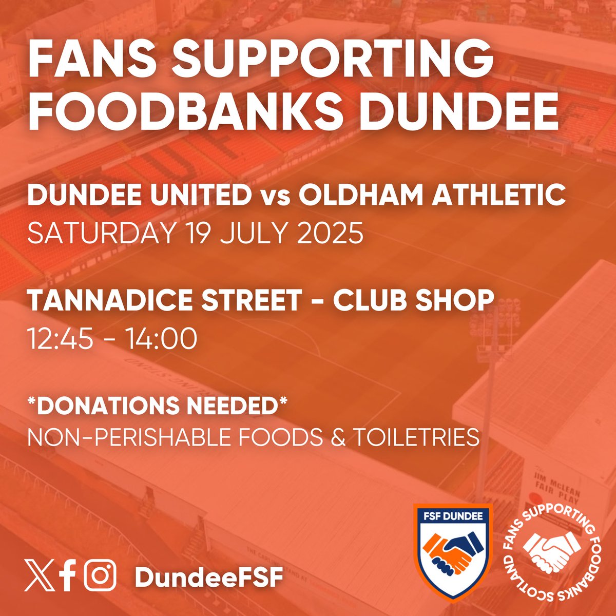 DundeeFSF's tweet image. 🤝 FRIENDLY FOODBANK 🥫
We will be at Tannadice this weekend for the friendly between @dundeeunitedfc & @OfficialOAFC ⚽️
Please share this post & help us get a big collection before we kick off the new season! 🤝
#HungerDoesntWearClubColours