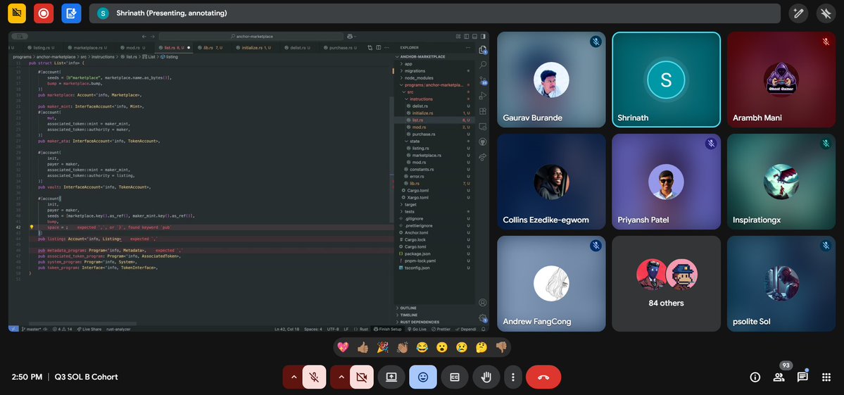 0xpsoliteSol's tweet image. Today's session was great @solanaturbine. We learned to build an NFT marketplace.
The best part was the breakout room without the teachers ( @japarjam's experiment.) I had the opportunity to share my screen for the first time 😶.
I'll complete all code and tests this weekend.