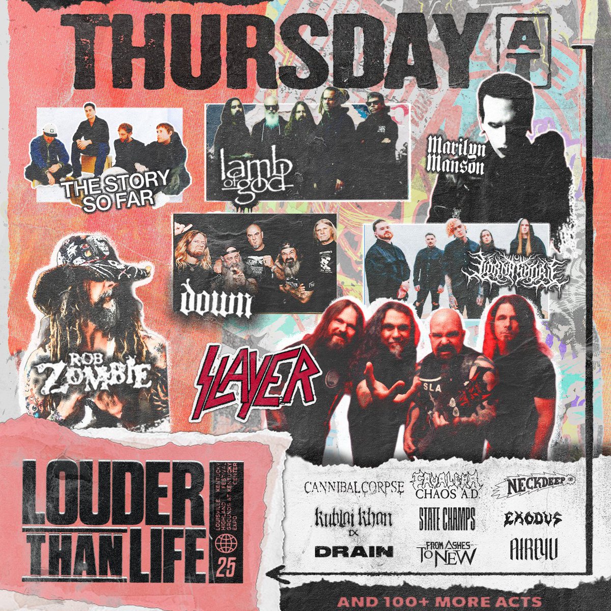 LTLFest's tweet image. Thursday at Louder Than Life isn't a warm-up... 🔊
Don't miss Rob Zombie, Lamb of God, Marilyn Manson, The Story So Far, and MORE on Day 1 to kick off the Loudest Weekend in Rock!
Single Day and Weekend Passes are selling faster than ever - on.louderthanlifefestival.com/trk/ThursdayX