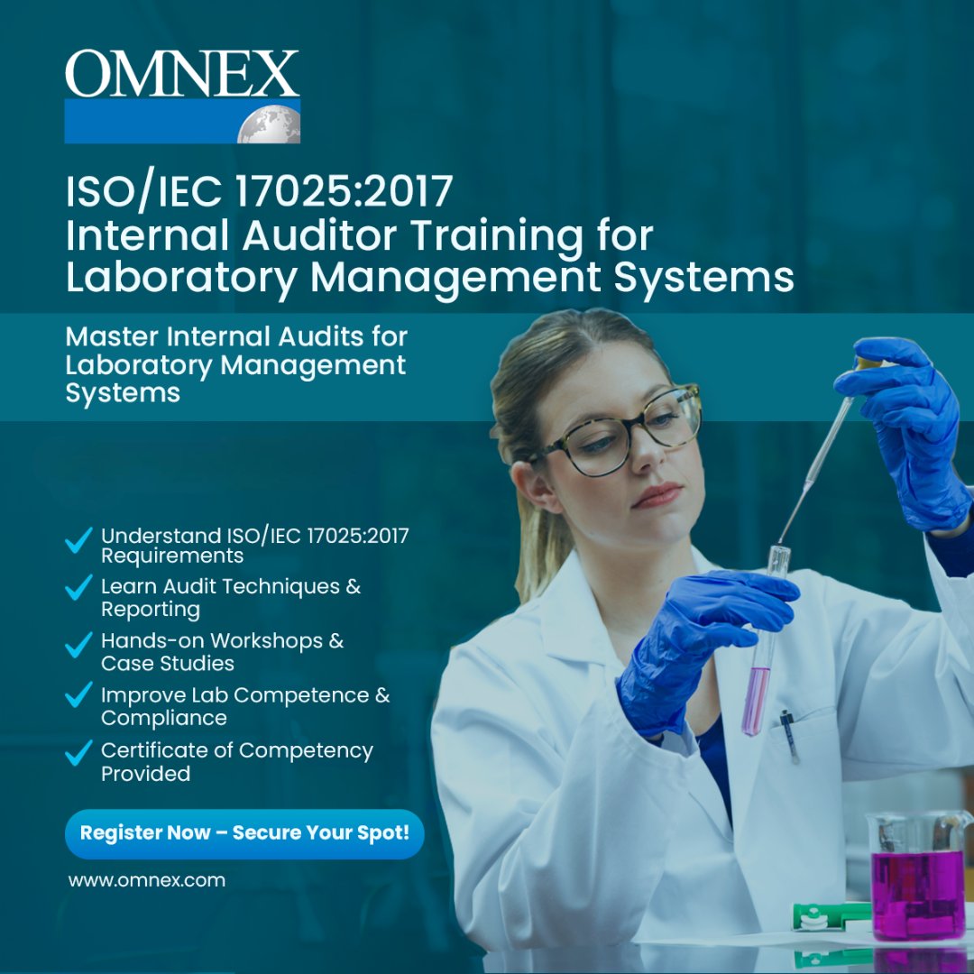 Learn internal audits for laboratory management systems with our ISO/IEC 17025:2017 Internal Auditor Training. Gain hands-on experience, improve lab compliance, and earn your certificate of competency. 
Register Now: hubs.li/Q03xBRGy0

#ISO17025 #ISOIEC17025 #OmnexTraining