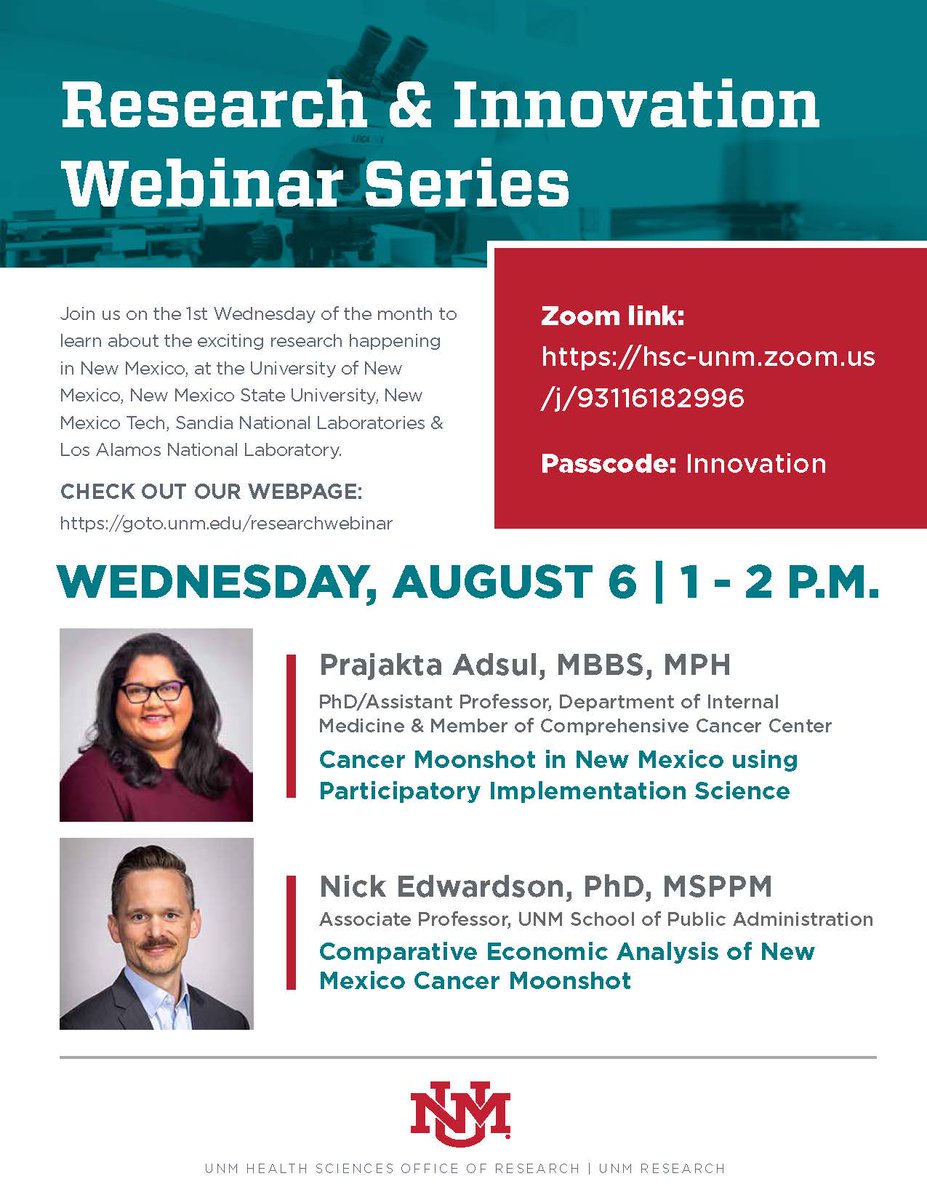 Join the upcoming R&amp;I webinar on the New Mexico Cancer Moonshot initiative being hosted by <a href="/UNMHSC/">UNM Health Sciences</a>, August 6th from 1-2pm over zoom. Join additional webinars the 1st Wednesday of every subsequent month. 

lnkd.in/gStRgKJY