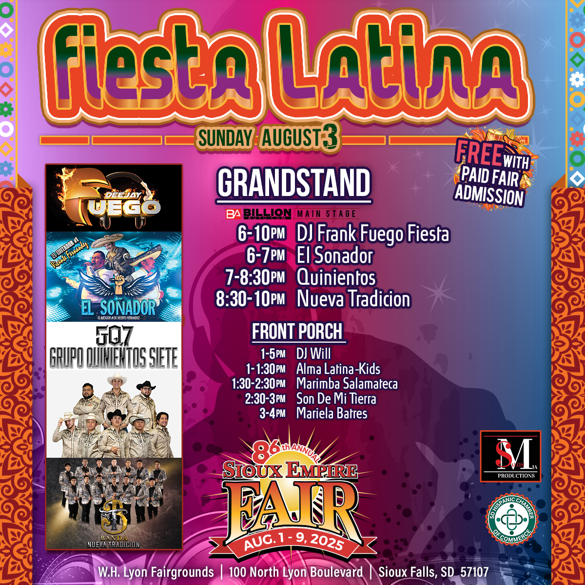 SiouxEmpireFair's tweet image. Fiesta Latina is coming back to the grandstand with added music to the Front Porch! We've partnered with South Dakota Hispanic Chamber of Commerce and SM Productions to put on a great show!
🎟️ FREE with paid fair admission
Learn More >> ow.ly/aQ0850WfC9Y