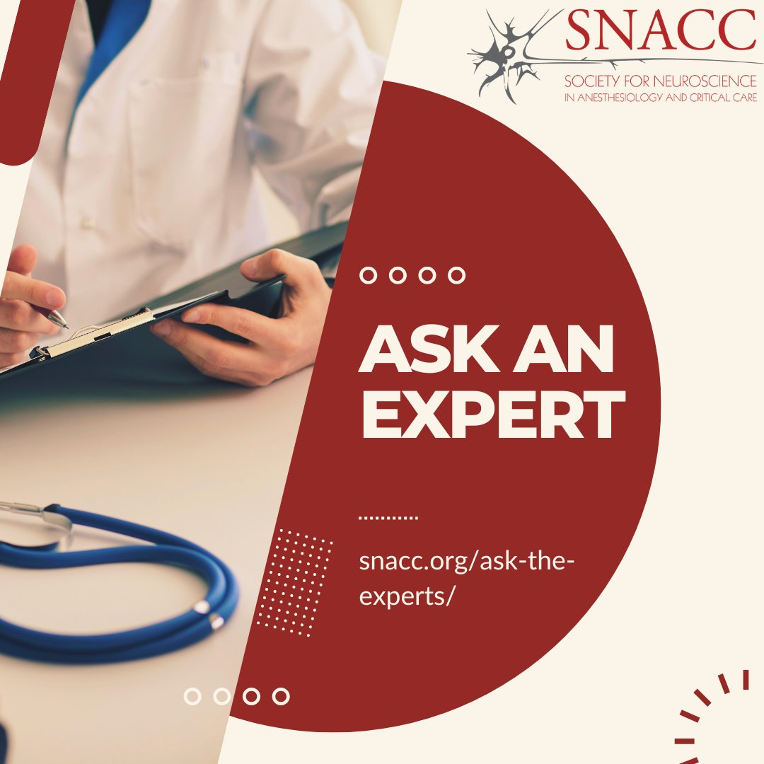 SNACCNeuro's tweet image. New website feature! Our members include experts on clinical neuroanesthesia, neuroanesesthia education, & neuroscience research across the clinical-translational spectrum, including basic sciences. Question? Tell us! snacc.org/ask-the-expert…