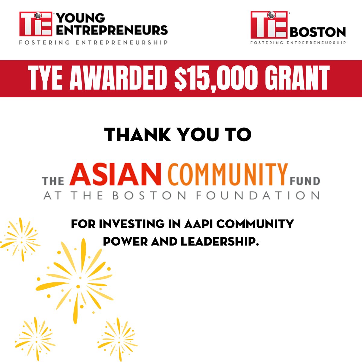 A heartfelt thank you to the Boston Foundation’s Asian Community Fund for their $15K grant to the TYE Academy! Your support helps expand, deepen &amp; empower our impact for the next generation of AAPI student innovators. #AsianCommunityFund #TYEAcademy #TheBostonFoundation