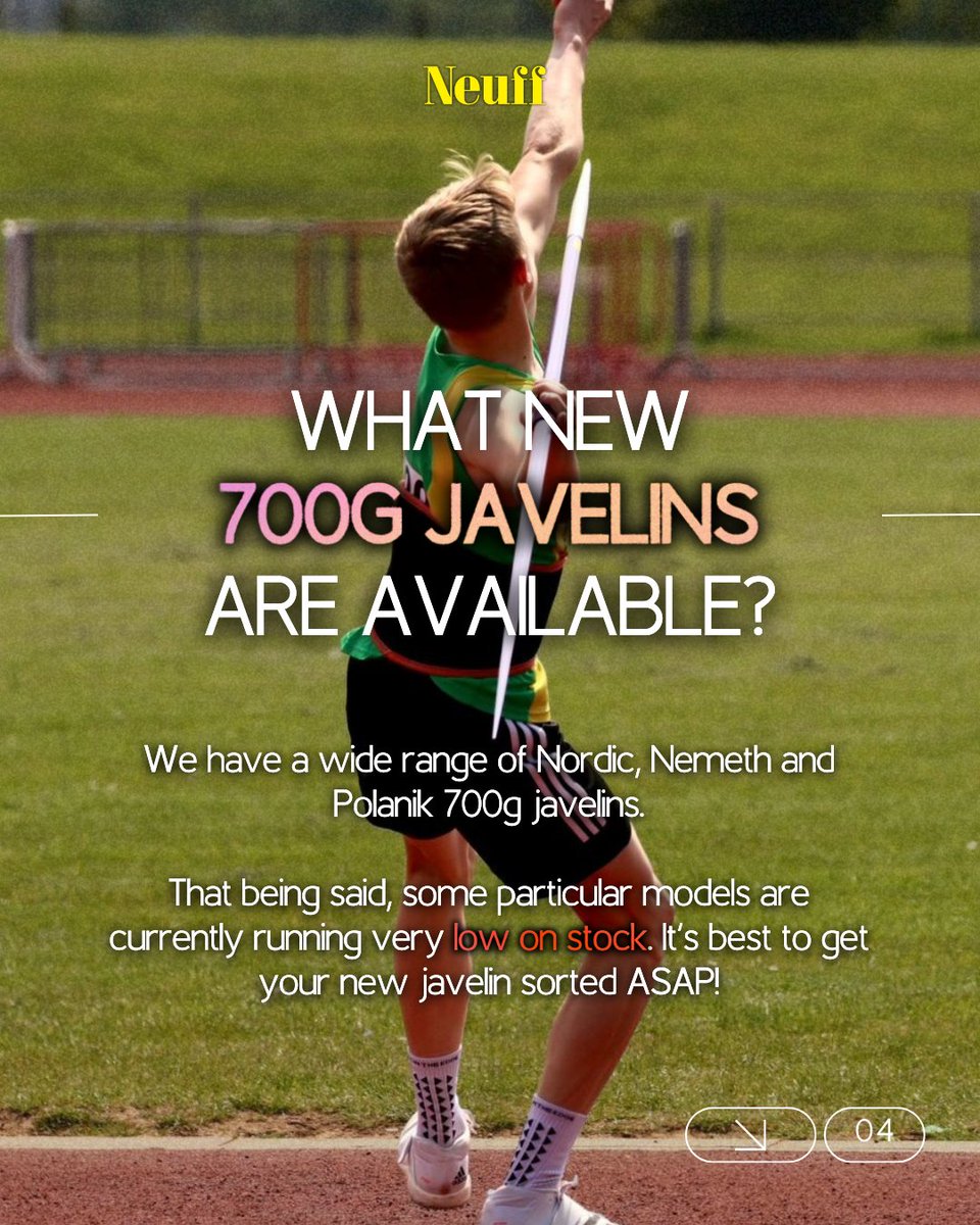 Neuff Athletic (@neuffathletic) on Twitter photo If you're not in the know, the new spec 700g javelins will need to be used for competitions soon! ๐ณ
Read our blog on the matter for more info! ๐
bit.ly/The700gChange
#Neuff #NeuffAthletic #NewSpecJavelin #700gJavelin If you're not in the know, the new spec 700g javelins will need to be used for competitions soon! ๐ณ
Read our blog on the matter for more info! ๐
bit.ly/The700gChange
#Neuff #NeuffAthletic #NewSpecJavelin #700gJavelin