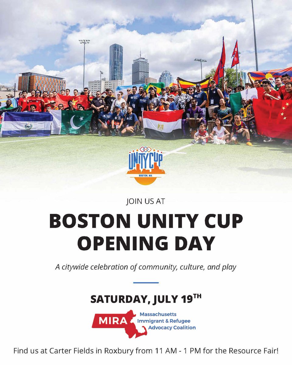 MIRACoalition's tweet image. Join MIRA at the upcoming Resource Fair for the Boston Unity Cup - Opening Day event!
➡️ Saturday, July 19th
➡️ 11am - 1pm
Come say hi and find out more about our resources and KYR materials you can share with your community.
#summer2025 #bostonunitycup #miracoalition