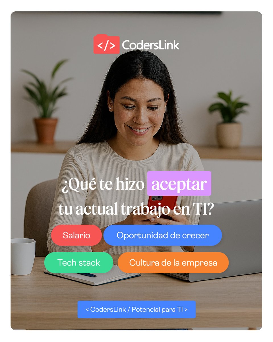 coderslink's tweet image. No todos cambian de trabajo solo por dinero.

¿Qué pesó más en tu decisión?
Queremos leerte 👇

#TalentoTI #EmpleoTech #DesarrolladoresTI #CarreraTech #CodersLink