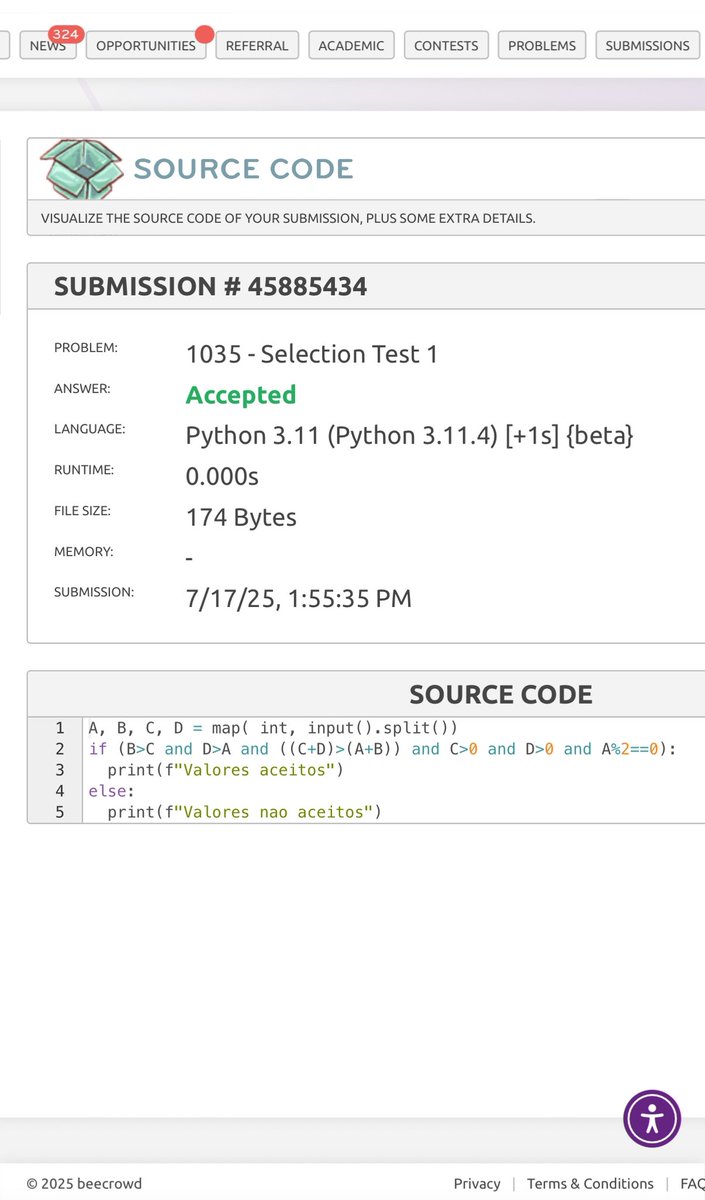 imakeitbright's tweet image. Cutest Moment fr fr (8)☺️ #Accepted 

judge.beecrowd.com

#beecrowd #vjudge #python #pythonlearning #coding #sourcecode #programming #vscode

#BEE1035
#Selectiontest1