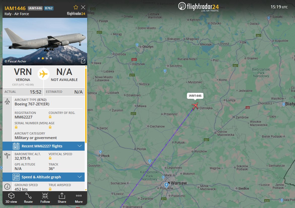 PolishMilRadar's tweet photo. 📅17.07 🕓 17:19LT
🇮🇹 Siły Powietrzne Włoch
✈️ Boeing 767-2EY(ER) "MM62227"
#IAM1446 leci na FL330
🛫 Verona #LIPX 🇮🇹
🛬 Keila #EEEI 🇪🇪
🔗https://t.co/LJDv6ngTBM
#POLMILRADAR https://t.co/kga2nciVlL
