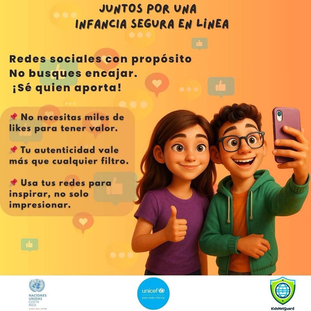 Muchos adolescentes sienten presión por encajar en redes. Pero no necesitas likes para tener valor. Sé tú mismo. 

Comparte con propósito y protege tu privacidad.

<a href="/UNCOSTARICA/">Naciones Unidas Costa Rica</a> | <a href="/UNICEFCostaRica/">UNICEF Costa Rica</a> | <a href="/kidsnetguard/">Kidsnetguard</a> 

#JuntosPorUnaInfanciaSegura 

#RedesConPropósito #KidsNetGuard
