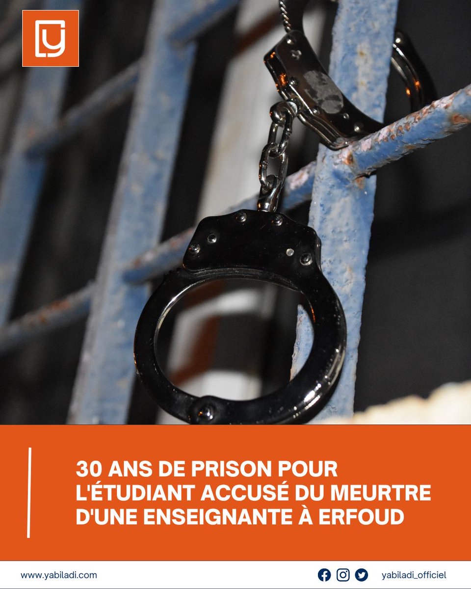 yabiladi_fr's tweet photo. Un étudiant a été condamné à 30 ans de prison ferme pour le meurtre d’une enseignante à Erfoud, survenu en mars 2025. Il devra également verser des dédommagements à la famille de la victime. ⚖️
#Justice #Erfoud #Crime #Condamnation
🔗 https://t.co/lnyVQW7EIh https://t.co/Ub6BRoS1mF
