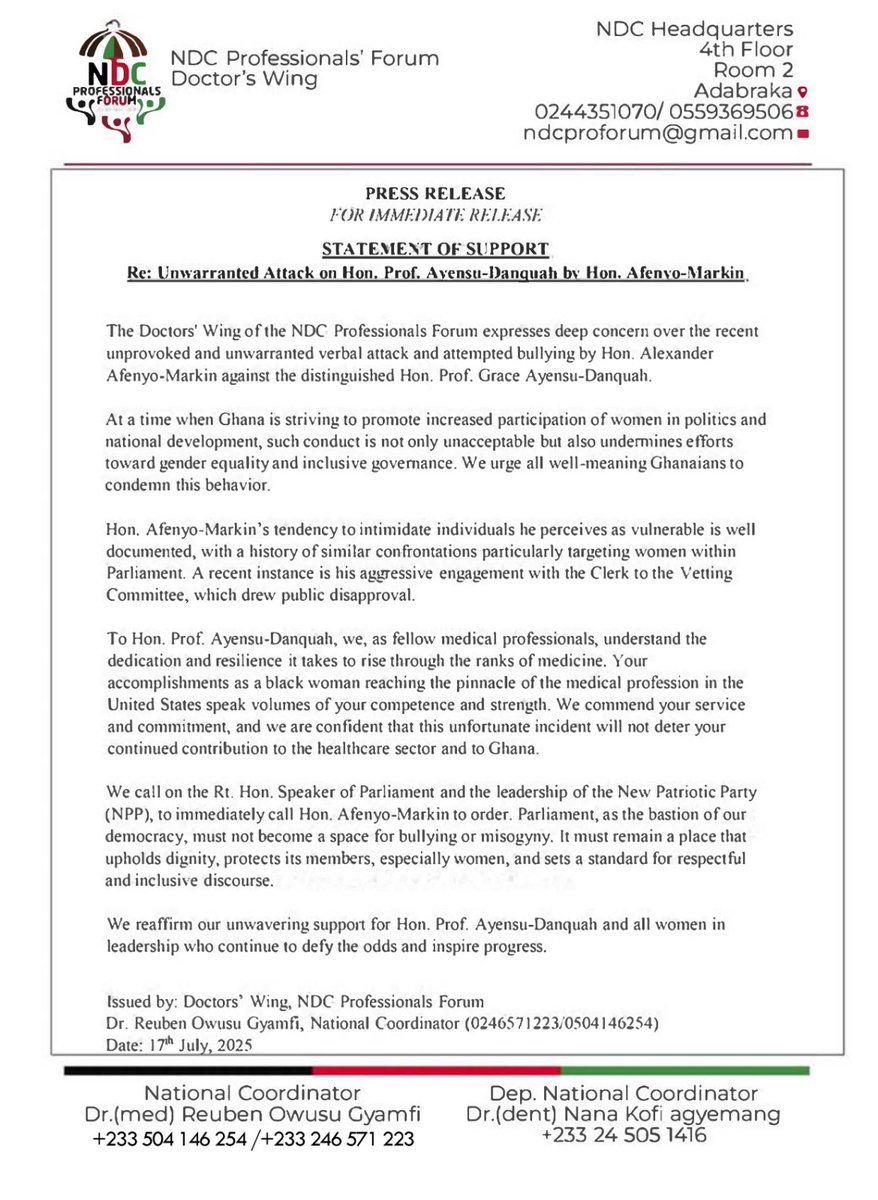 Official statement from the Doctor's Wing of #NDC ProForum on Hon. Afenyo-Markin’s unwarranted attack on the distinguished Hon. Ayensu-Danquah

<a href="/ProfDrGADanquah/">Prof. Dr. Grace Ayensu-Danquah</a> <a href="/AfenyoMarkin/">Osahen Alexander Kwamena Afenyo-Markin</a> <a href="/Joy997FM/">Joy 99.7 FM</a> <a href="/Citi973/">CITI FM 97.3</a> <a href="/tv3_ghana/">#TV3GH</a> <a href="/utvghana/">UTV Ghana</a> <a href="/ghonetv/">GHOne TV</a> <a href="/gyaigyimii/">KALYJAY</a> <a href="/CheEsquire/">Che🇬🇭</a> <a href="/AnnanPerry/">KOJO DYNAMIC 𓃵</a>
