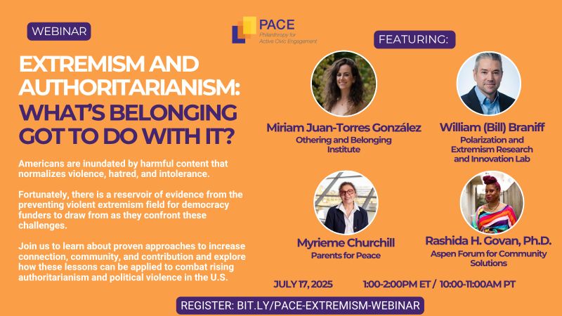 PACEfunders's tweet image. Join us this afternoon at 1pm ET for a webinar exploring the relationship between extremism and authoritarianism, and how strategies centered on belonging can break the cycle of radicalization.
Register here: us06web.zoom.us/meeting/regist…