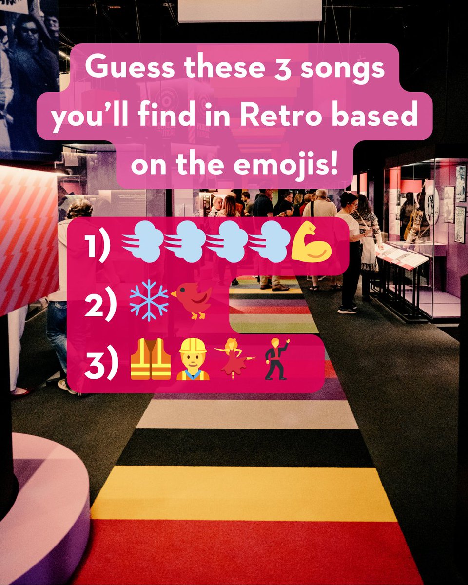 It’s emoji day. Can you guess the songs you’ll find in Retro based on the emojis? 
1) 💨💨💨💨💪
2) ❄️🐦
3) 🦺👷💃🕺

Need hints? Listen to our playlist spoti.fi/43PTZwV or visit the exhibition. bit.ly/3Q7rxz4