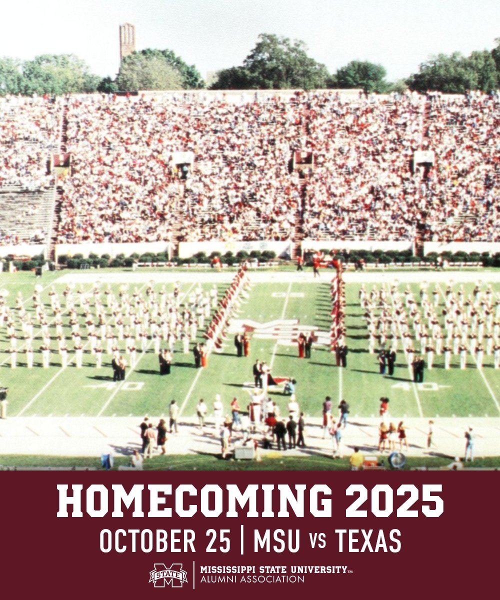 MSStateAlumni's tweet image. We are exactly 100 days away from MSU Homecoming 2025! 🐶
Bookmark the link below and check back for events, activities and more as you plan your return to @mscollegetown.
🔗 msstate.edu/homecoming