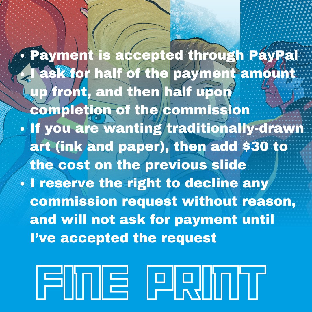 Isimmons_art's tweet image. I got quite a few new followers this week, so I just wanted to plug that my commissions are still open!
Shoot me a dm or email me at isimmonsart@gmail.com
I’m also still doing 20% off all Superman-related commissions for the rest of July!