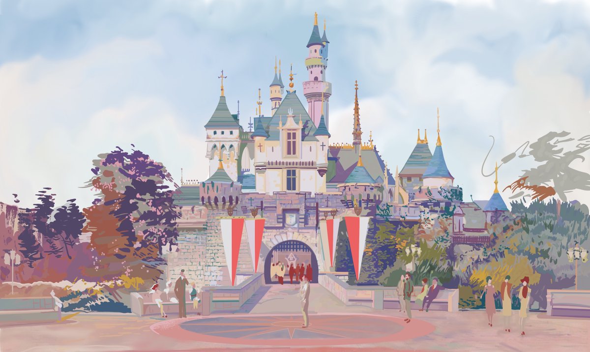 ThemeParkLore's tweet image. This is my digital painting "restoration" of a lesser-known piece of Sleeping Beauty Castle concept art by the one and only Herb Ryman. It's the home page of Park Lore, and the perfect thing I can contribute to our celebration of this happy place. Happy 70th, Disneyland!