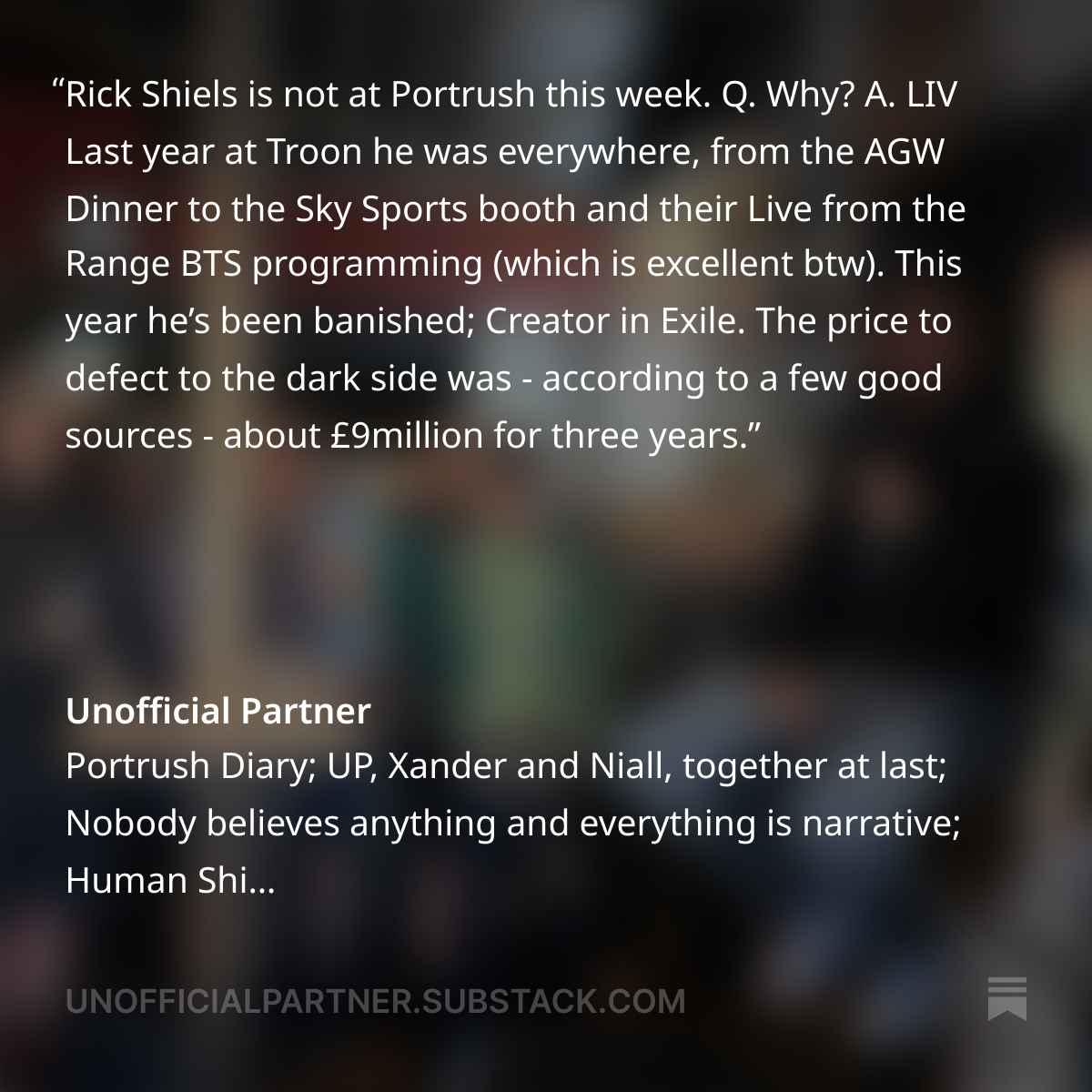 Unofficial Partner™ (@unffclprtnr) on Twitter photo This week's Unofficial Partner Substack is a Portrush Diary, featuring <a href="/Daniel_Rapaport/">Dan Rapaport</a> <a href="/incigolf/">Inci Mehmet</a> <a href="/NiallOfficial/">Niall Horan</a> <a href="/XSchauffele/">Xander Schauffele</a> <a href="/MSQSteveM/">Steve Martin</a> and many, many more
#TheOpen #RoyalPortrush #Golf
open.substack.com/pub/unofficial… This week's Unofficial Partner Substack is a Portrush Diary, featuring <a href="/Daniel_Rapaport/">Dan Rapaport</a> <a href="/incigolf/">Inci Mehmet</a> <a href="/NiallOfficial/">Niall Horan</a> <a href="/XSchauffele/">Xander Schauffele</a> <a href="/MSQSteveM/">Steve Martin</a> and many, many more
#TheOpen #RoyalPortrush #Golf
open.substack.com/pub/unofficial…