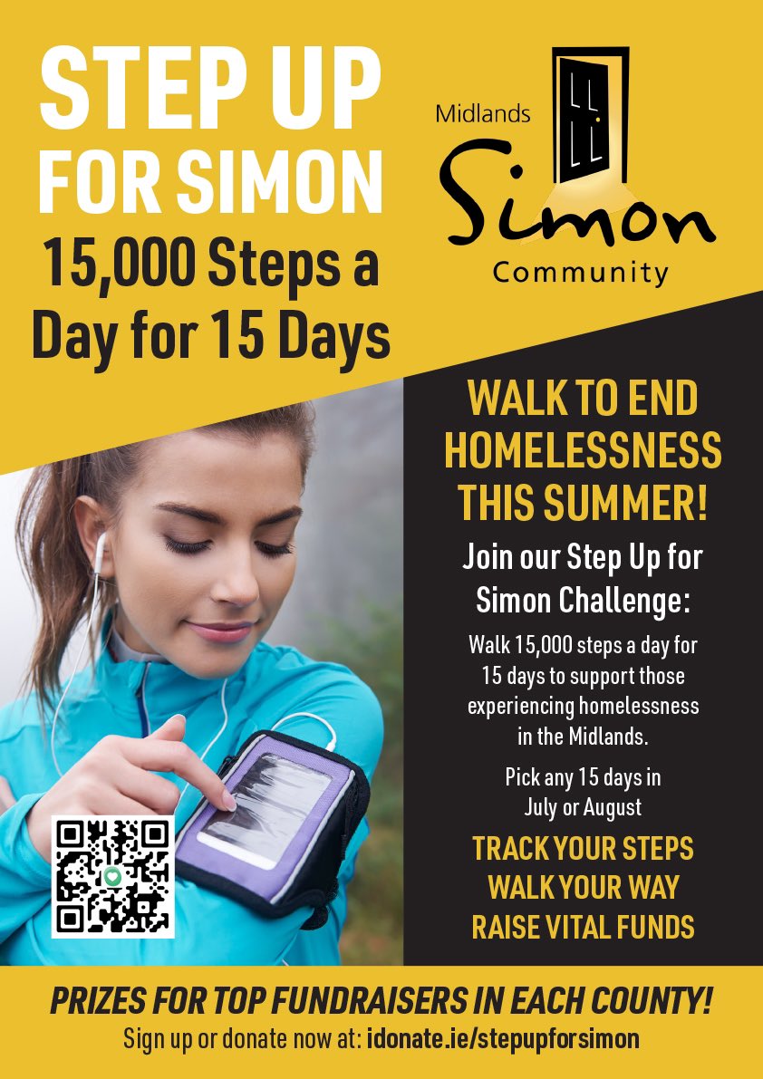 🚶‍♀️ Step Up for Simon!
15,000 steps a day for 15 days to fight homelessness in Laois, Offaly, Westmeath &amp; Longford.

Join or donate 👉 iDonate.ie/stepupforsimon
#StepUpForSimon #Simon15000Steps