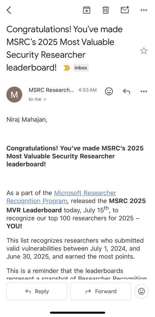 Niraj Mahajan (@niraj1mahajan) on Twitter photo ✨ Honoured to be recognised as a Microsoft Most Valuable Researcher (MVR) for 2025!
A heartfelt thank you to the <a href="/msftsecresponse/">Microsoft Security Response Center</a> for this recognition and for their continued support in fostering a vibrant security research community. ✨ Honoured to be recognised as a Microsoft Most Valuable Researcher (MVR) for 2025!
A heartfelt thank you to the <a href="/msftsecresponse/">Microsoft Security Response Center</a> for this recognition and for their continued support in fostering a vibrant security research community.