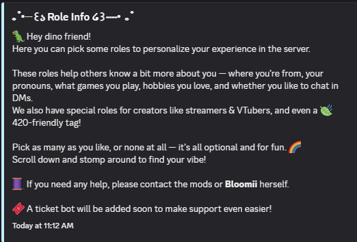 xbloomii's tweet image. working on roles for the dino den! ๐ฆ๐ you can pick your pronouns, fav games, hobbies & more to personalize your stay!
the server is strictly 18+ to keep things comfy & safe for everyone ๐๐ซ
excited to build a chill space for us all to hang out! ๐ฅน๐
