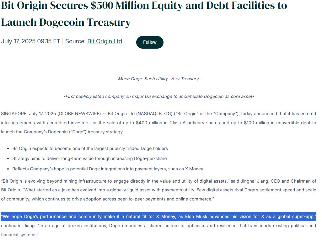 $500M for a corporate $DOGE treasury, based on hopes that Elon uses doge for X payments ...