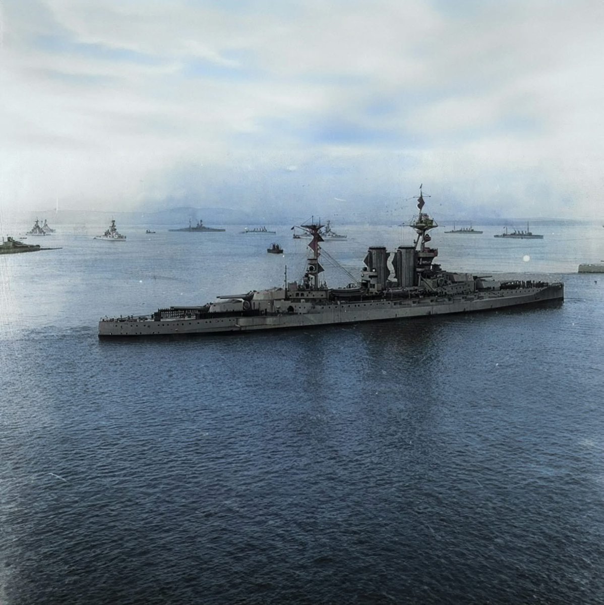 Empireaesth's tweet image. HMS Barham at Scapa Flow with other ships of the Grand Fleet (1917)