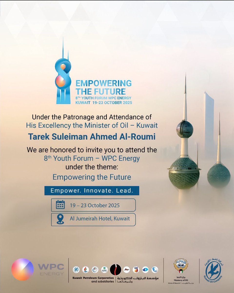 WPC_Energy's tweet image. Under the patronage and with the attendance of His Excellency Kuwait’s Minister of Oil, Tariq Suleiman Al Roumi - the Ministry of Oil, Kuwait and WPC Energy are proudly organising the 8th WPC Energy Youth Forum.
More here: linkedin.com/feed/update/ur…
