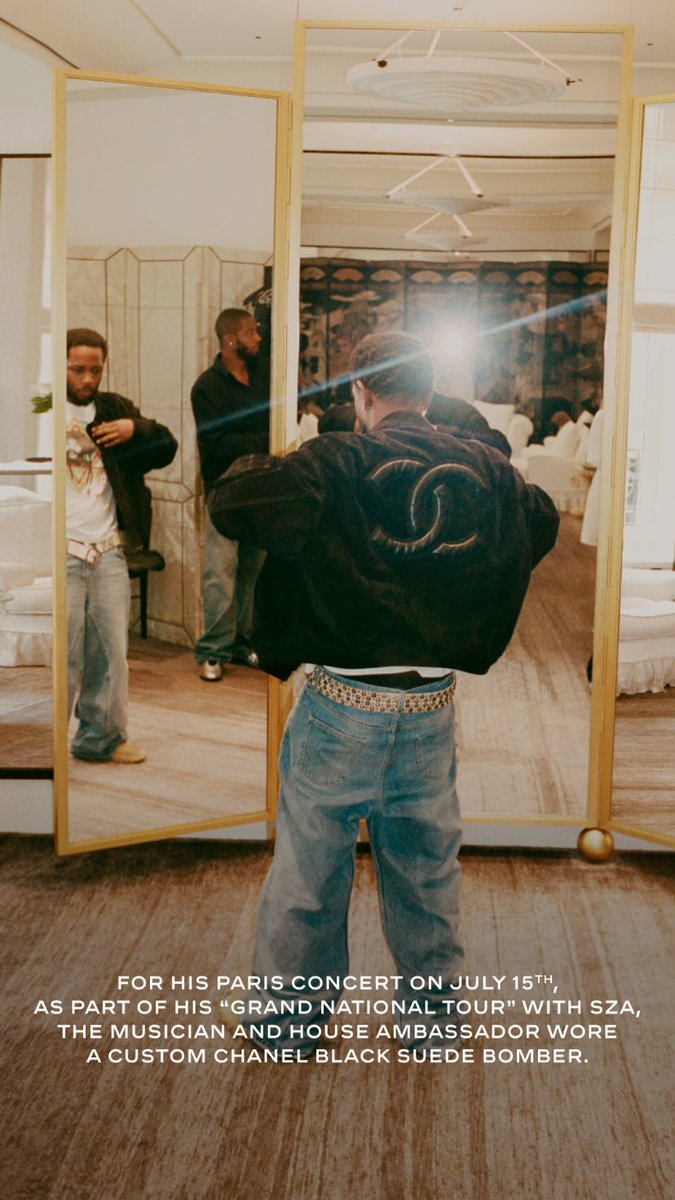 missprivelove's tweet photo. Chanel House Ambassador Kendrick Lamar wears custom suede CC bomber jacket for the Grand National Tour stop in Paris 🔥 https://t.co/4GGHyXsO6D
