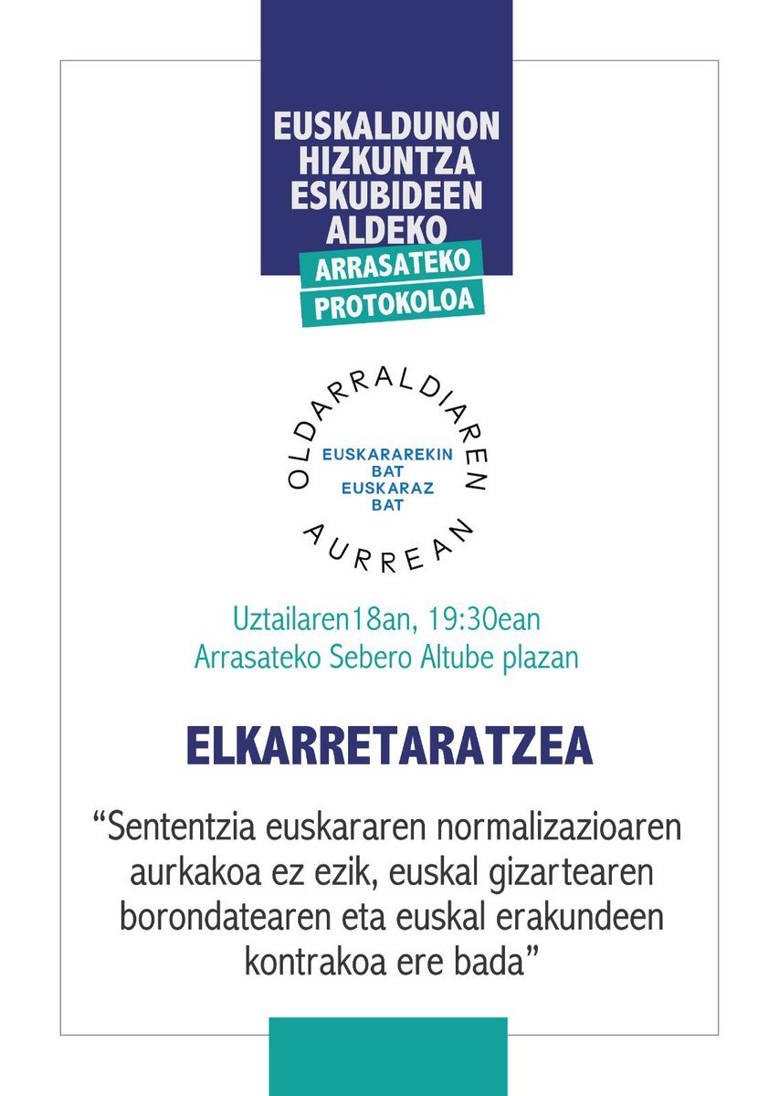 Espainiako Auzitegi Gorenak udalerri euskaldunetan euskaraz aritzeko eskubidearen kontra kaleratu duen sententzia dela eta, Arrasateko protokoloak kalera ateratzeko dei egiten dizue euskaltzaleoi. 

<a href="/TaupaMugimendua/">Taupa euskaltzaleen mugimendua</a> 
<a href="/behatokia/">Hizkuntz Eskubideen Behatokia</a> 
<a href="/uema_eus/">UEMA</a> 
<a href="/kontseilua/">Euskalgintzaren Kontseilua</a>