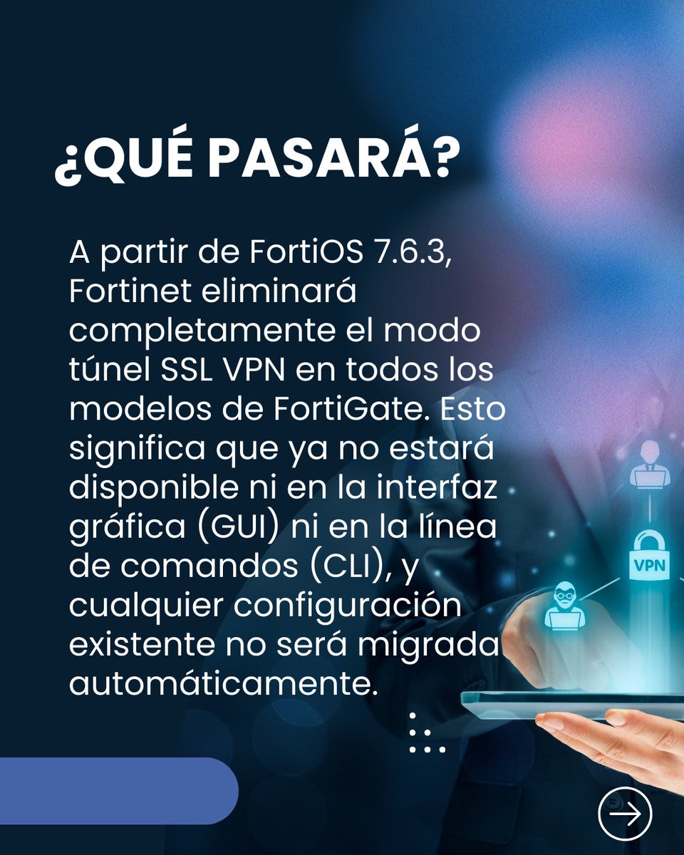 EllipticalSAS's tweet image. 🚨 ¿Tu equipo aún usa SSL VPN? Con FortiOS 7.6.3, dejará de estar disponible.

Te ayudamos a migrar a IPsec VPN sin afectar el acceso remoto de tu organización. 🔧 Asesoría y ejecución completa por expertos.

📩 ¡Conversemos! wa.link/zhn18w