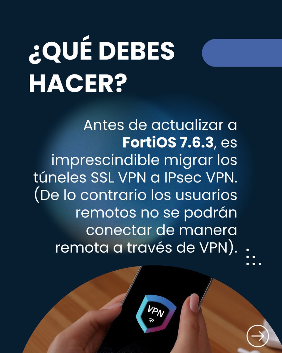 EllipticalSAS's tweet image. 🚨 ¿Tu equipo aún usa SSL VPN? Con FortiOS 7.6.3, dejará de estar disponible.

Te ayudamos a migrar a IPsec VPN sin afectar el acceso remoto de tu organización. 🔧 Asesoría y ejecución completa por expertos.

📩 ¡Conversemos! wa.link/zhn18w