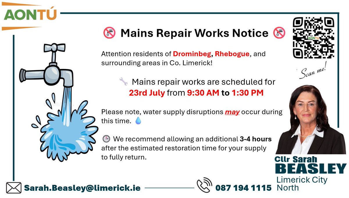 AontuL's tweet image. 🚱 Mains Repair Works Notice - Mark it on your Calendar 🚱
Attention residents of Drominbeg, Rhebogue, and surrounding areas in Co. Limerick!
🔧 Mains repair works are scheduled for 23rd July from 9:30 AM to 1:30 PM
Please note, water supply disruptions may occur during this…