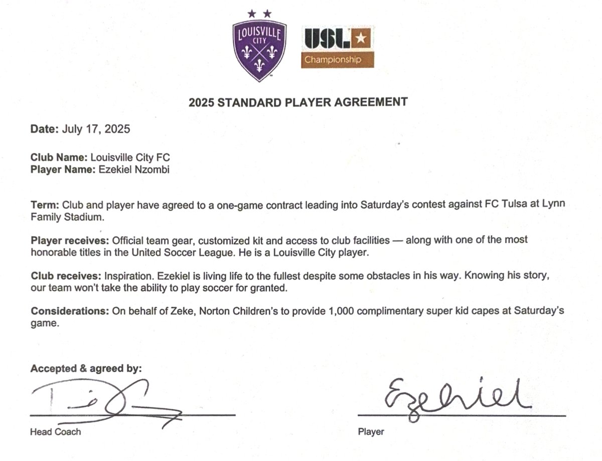 Louisville City FC (@loucityfc) on Twitter photo A 𝙎𝙐𝙋𝙀𝙍 special addition to the #LouCity squad! 🦸♂️
Ahead of Saturday’s game vs. FC Tulsa, 8-year-old Ezekiel “Zeek” Nzombi signed with us in partnership with <a href="/NortonChildrens/">Norton Children's</a>!
When Zeek was just 2 years old, he suffered a stroke. Norton Children’s provided his care, A 𝙎𝙐𝙋𝙀𝙍 special addition to the #LouCity squad! 🦸♂️
Ahead of Saturday’s game vs. FC Tulsa, 8-year-old Ezekiel “Zeek” Nzombi signed with us in partnership with <a href="/NortonChildrens/">Norton Children's</a>!
When Zeek was just 2 years old, he suffered a stroke. Norton Children’s provided his care,