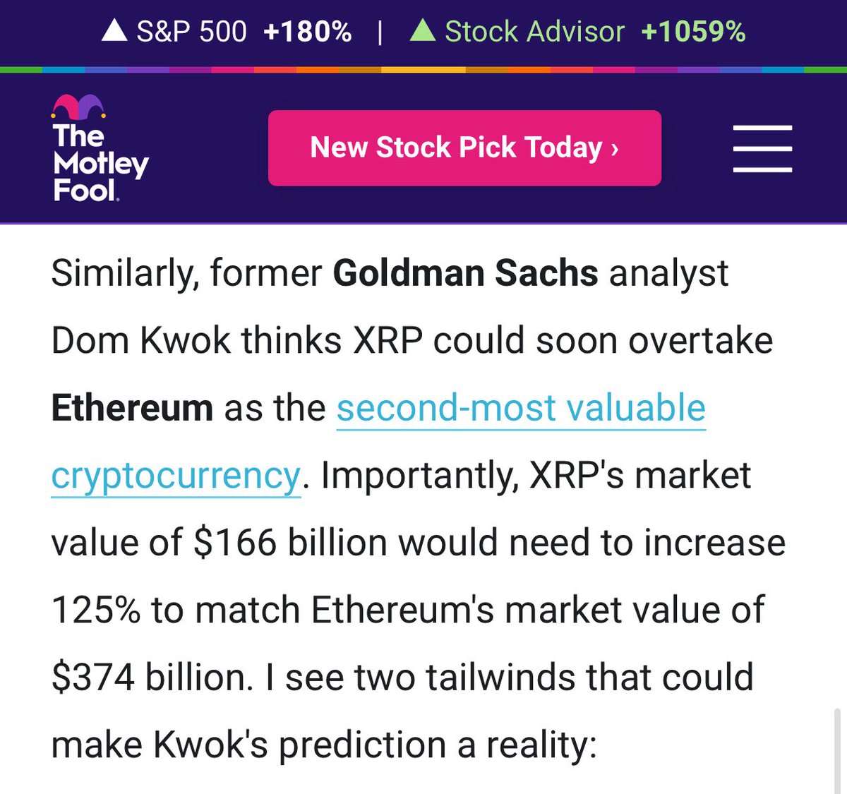 Dom (Bull/ish) | EasyA (@dom_kwok) on Twitter photo at the start of the year, i made a big prediction that $XRP would flip $ETH.
i now think it’s going to happen even sooner than i originally predicted.
thanks to the <a href="/themotleyfool/">The Motley Fool</a> for covering my thoughts! at the start of the year, i made a big prediction that $XRP would flip $ETH.
i now think it’s going to happen even sooner than i originally predicted.
thanks to the <a href="/themotleyfool/">The Motley Fool</a> for covering my thoughts!