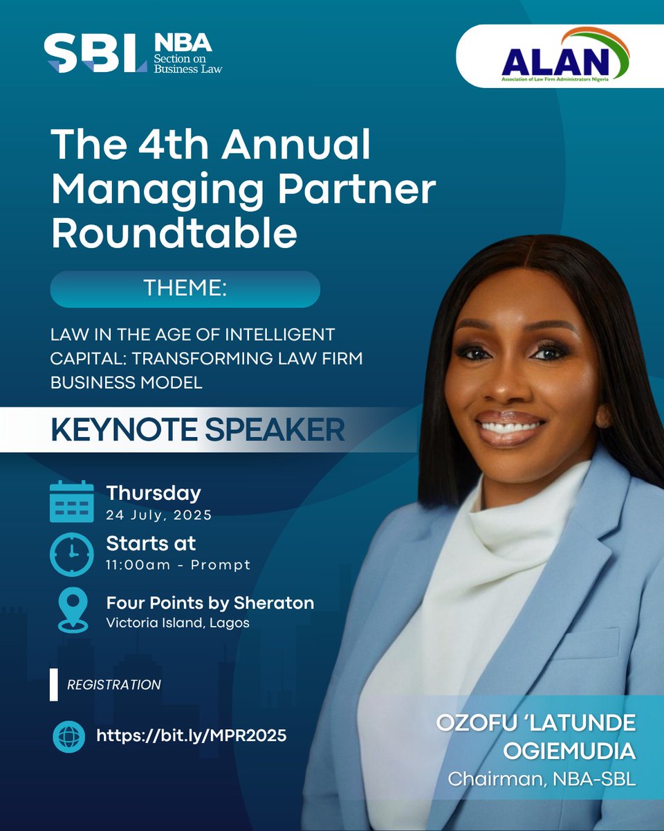 nbasblofficial's tweet image. The Nigerian Bar Association Section on Business Law (@nbasblofficial) is proud to announce that our Chairman, Ozofu Olatunde Ogiemudia, will be delivering the Keynote Address at the 4th Annual Managing Partner Roundtable, organised in collaboration with @ALANigeria.
This year’s…