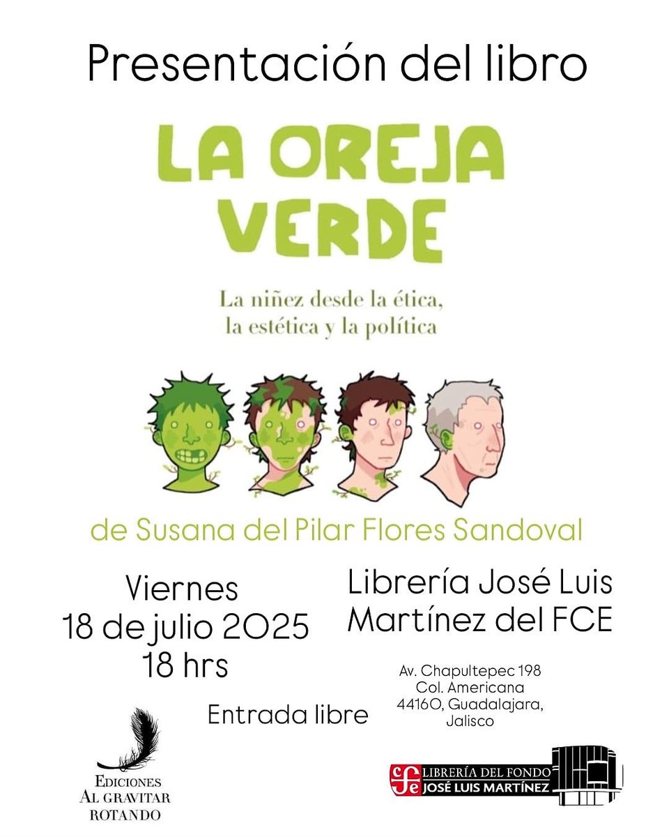 Al gravitar rotando (@gravitarrotando) on Twitter photo Mañana por la tarde en la Joseluisa del <a href="/FCEGuadalajara/">Librería JLM</a> acompañamos a Susana del Pilar Flores con su Oreja verde, primer título de la colección El mundo a través de una rondana. Celebraremos, invitadas, convocados. 💚🤩✨ Mañana por la tarde en la Joseluisa del <a href="/FCEGuadalajara/">Librería JLM</a> acompañamos a Susana del Pilar Flores con su Oreja verde, primer título de la colección El mundo a través de una rondana. Celebraremos, invitadas, convocados. 💚🤩✨