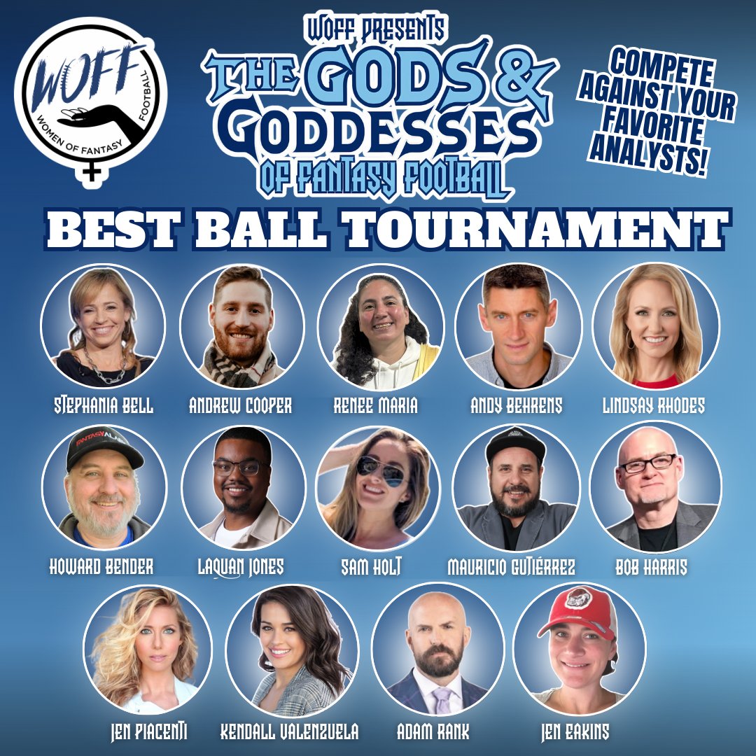 THE FIELD IS OFFICIAL 🥳

As the registrations POURED IN, we just HAD to bring in a couple of additional GODS &amp; GODDESSES ⚡️

Joining the party are <a href="/JenEakinsNFL/">Jennifer Eakins</a> &amp; <a href="/adamrank/">Adam Rank</a>!

14 Gods &amp; Goddesses. 154 of you. Who will be crowned THE GOD/GODDESS OF FANTASY FOOTBALL?! #WOFF