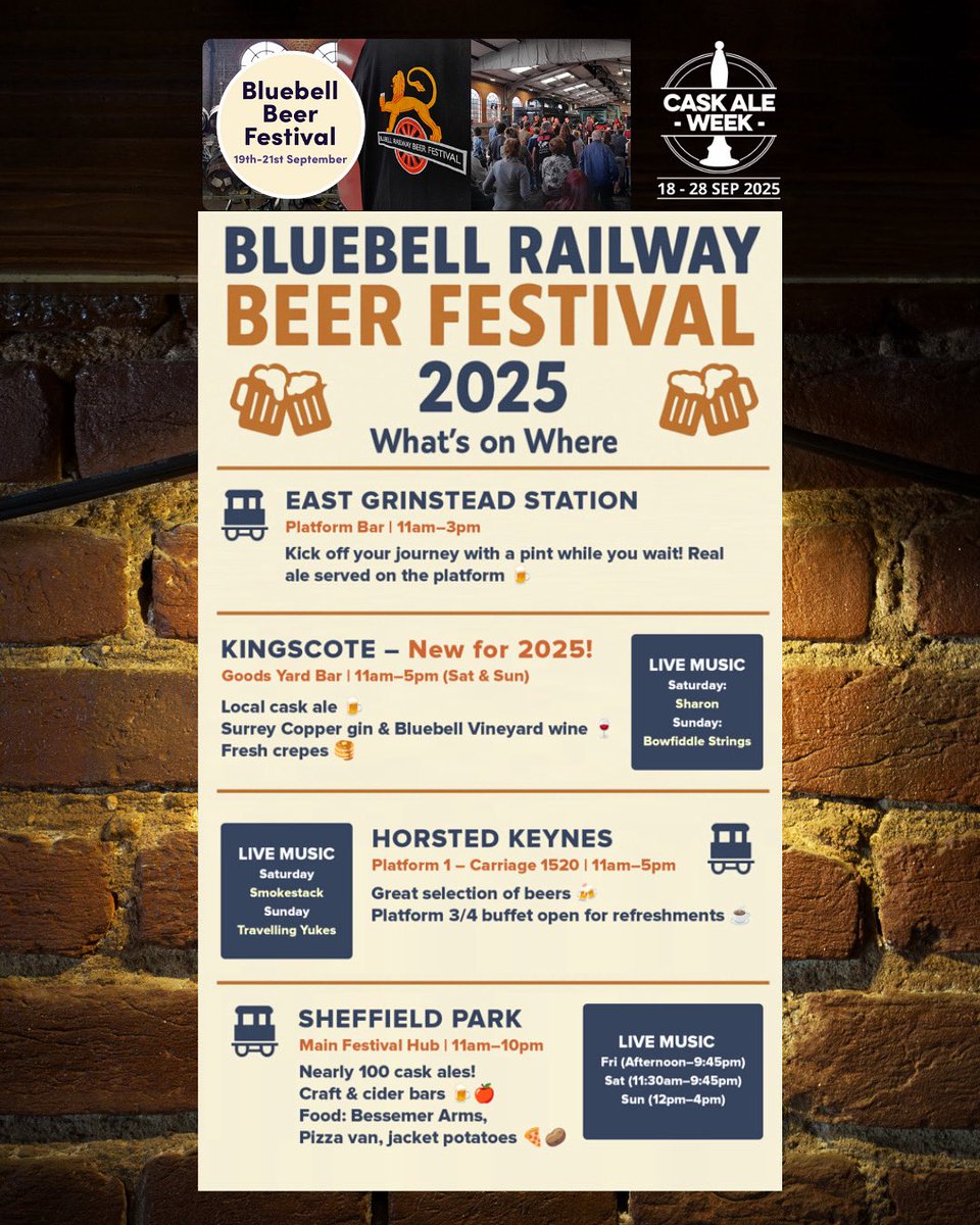 caskaleweek's tweet image. The Bluebell Beer Festival returns for #caskaleweek
This year all four @bluebellrailway stations are taking part! Ride vintage steam trains while enjoying 80 cask beers, 13+ ciders & perries + live music & food
🎟️ bluebell-railway.com/special/bluebe…
Discount for @CAMRA_Official members!