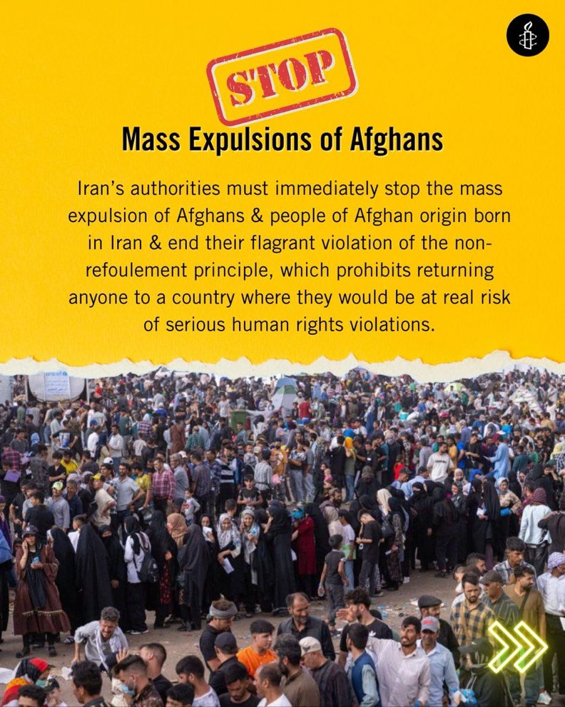 AmnestyNow's tweet image. Iran’s authorities must immediately stop the mass expulsion of Afghans &amp;amp; people of Afghan origin born in Iran &amp;amp; end their violation of the non-refoulement principle, which prohibits returning anyone to a country where they would be at real risk of human rights violations