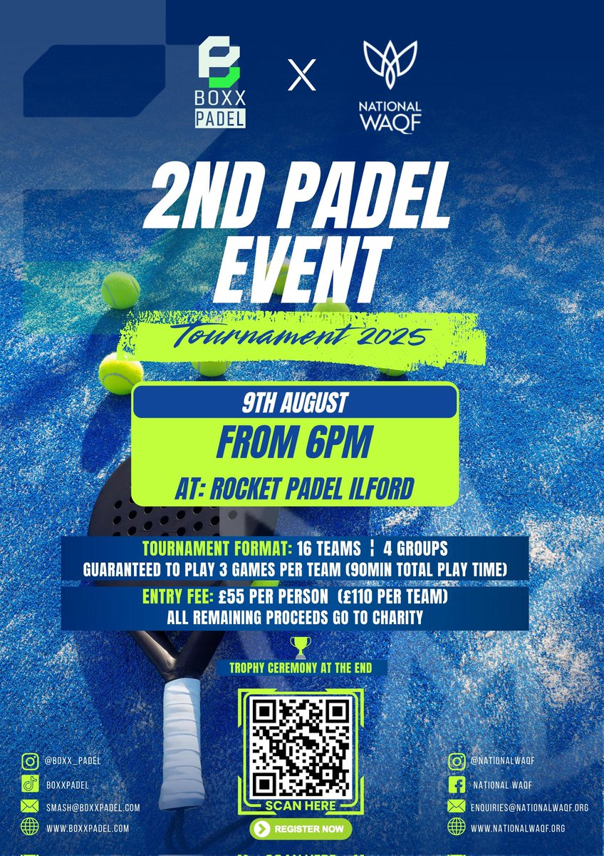 🏆 BOXX Padel x National Waqf – 2nd Padel Tournament! 🏆
Join us for an exciting evening of competitive padel &amp; community spirit – all for a great cause!

📲 Register now by scanning the QR code or visiting: [forms.gle/b4Ag9DEQNBEfxN…]

Let’s play, compete, and give back together!