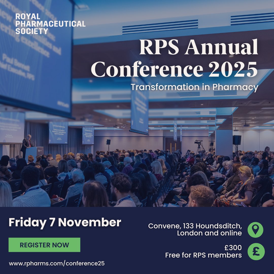 📢Booking for the RPS Annual Conference 2025 is now open!

Join us on Friday 7 November for a day of inspiration, networking, and celebration of the pharmacy profession and all its members.

Convene, 133 Houndsditch, London and online 
Book now: rpharms.com/conference25
#RPSConf25