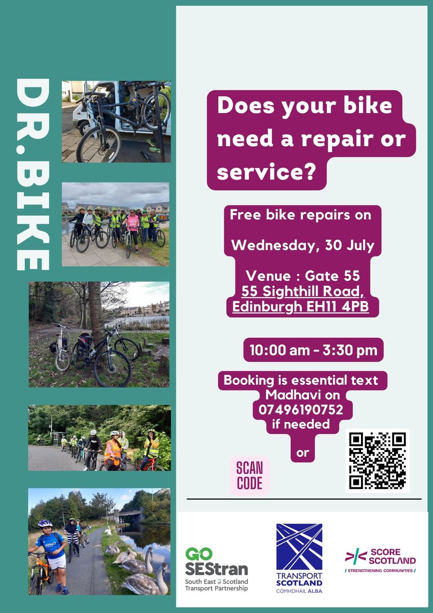🚲 FREE Bike Repairs in Wester Hailes!
Need a quick fix or a full service? Come see Dr. Bike on Wed, 30 July at Gate 55, Sighthill 🛠️
🕙 10:00 AM – 3:30 PM
📍 EH11 4PB
#FreeBikeRepairs #EdinburghEvents #CommunitySupport  #activetravel <a href="/SEStran/">SEStran</a> <a href="/transcotland/">Transport Scotland</a>