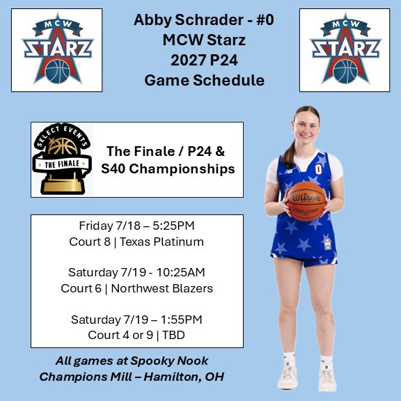 Excited for the last tournament of the summer with my team! Here is my schedule!❤️💙 
<a href="/MCWSTARZ/">MCW STARZ</a> 
<a href="/NewHamptonWBB/">Women's Basketball | New Hampton School</a> 
<a href="/NEPSGBCA/">NEPSGBCA</a>