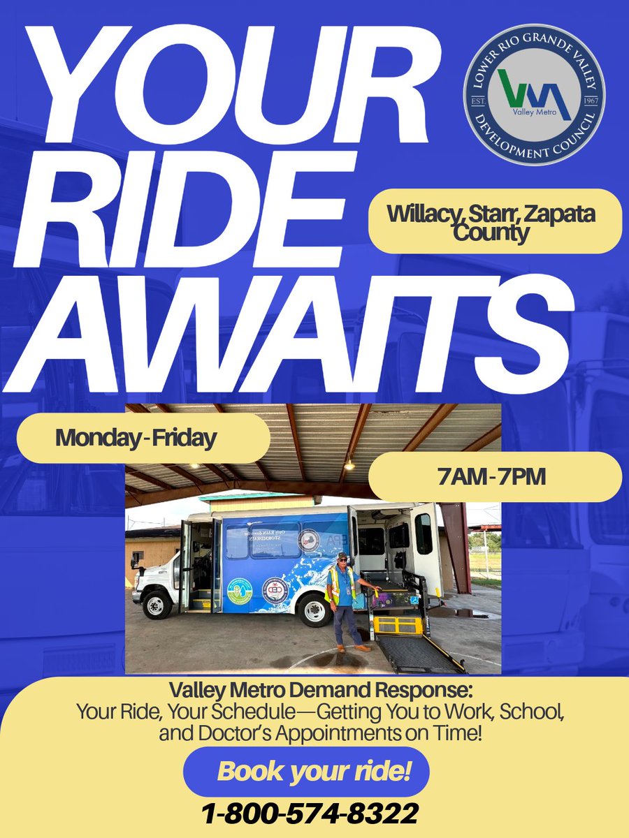 🚐 On the move in Willacy, Zapata, or Starr County?
Valley Metro’s Demand Response Service runs Mon–Fri, 7AM–7PM! 🙌
Book your ride: 1-800-574-8322 💚
#ValleyMetro #DemandResponse #TransitThatCares