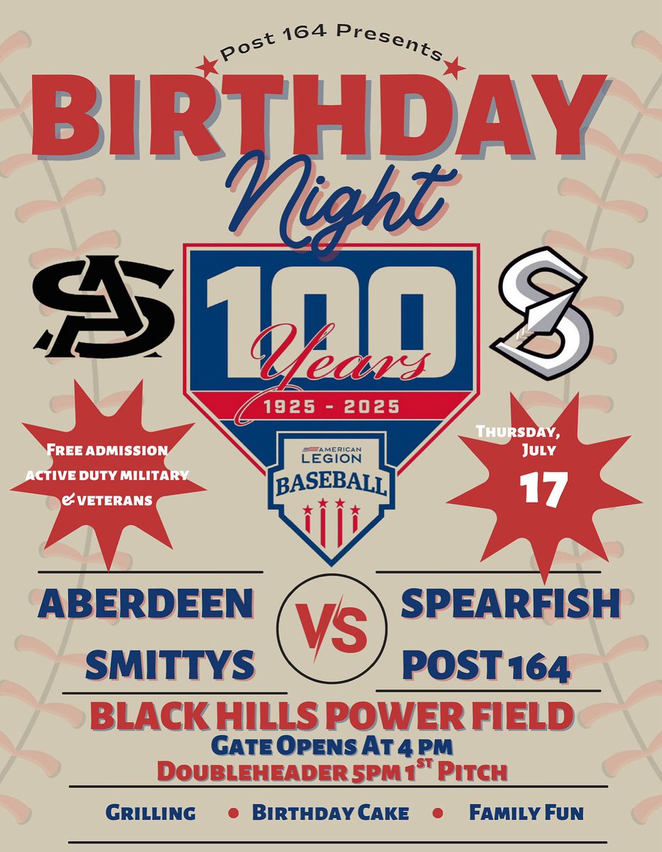 100th Birthday Celebration of American Legion Baseball!

🆚: Aberdeen Smittys
📍: Spearfish, SD
🏟️: Black Hills Power Sports Complex
🕰️: 5:00 &amp; 7:30pm Doubleheader
📺: Game 1: youtube.com/live/3lBTlenna…
📺: Game 2: youtube.com/live/ntnhml_tk…